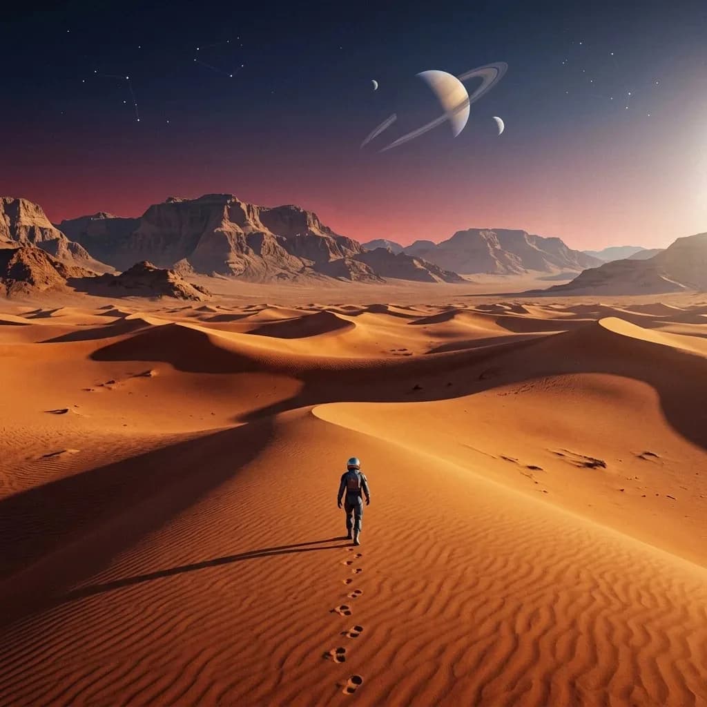 A traveler in a desert beneath a sky with planets