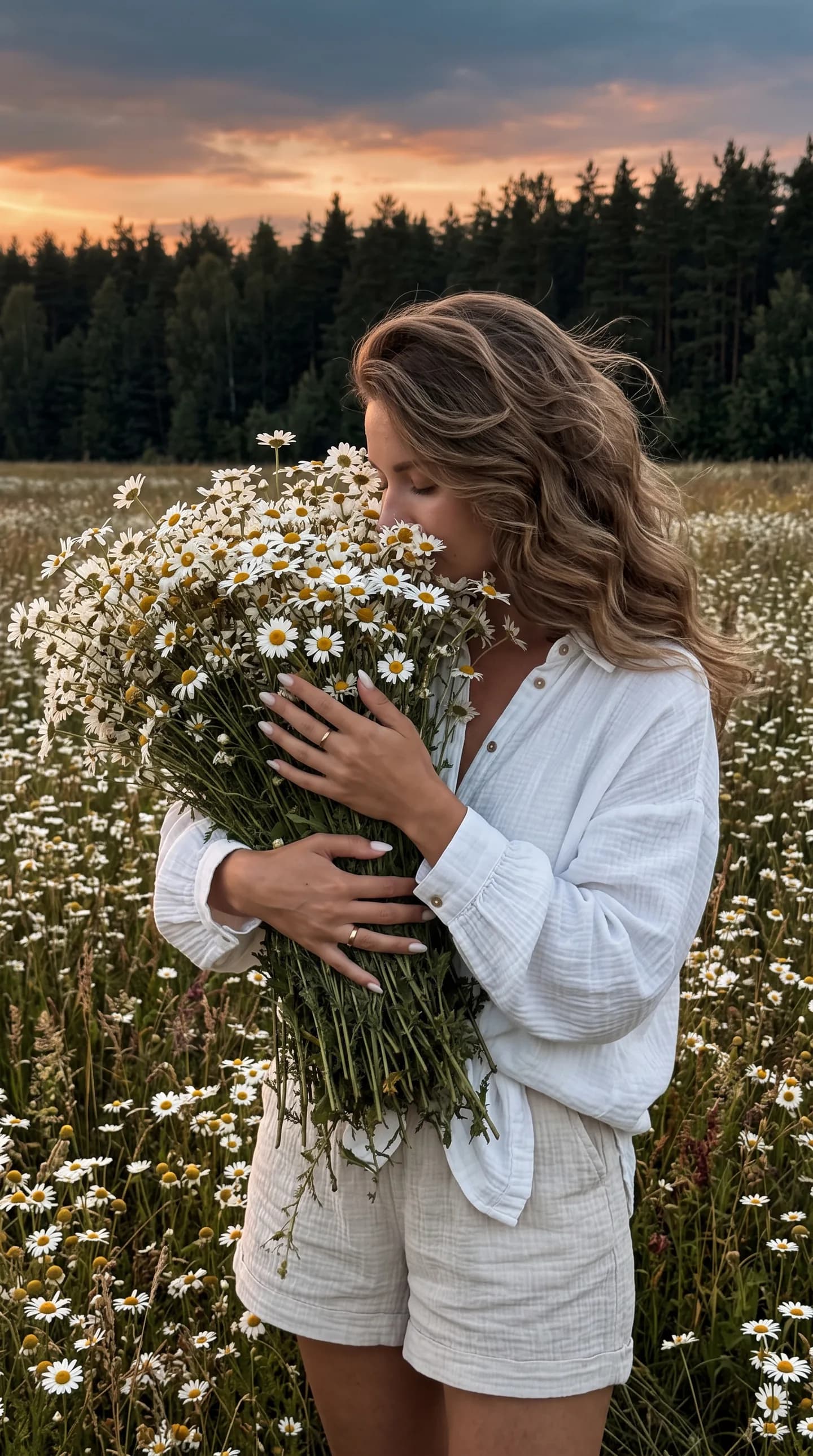 Woman holding daisies in a flowering meadow