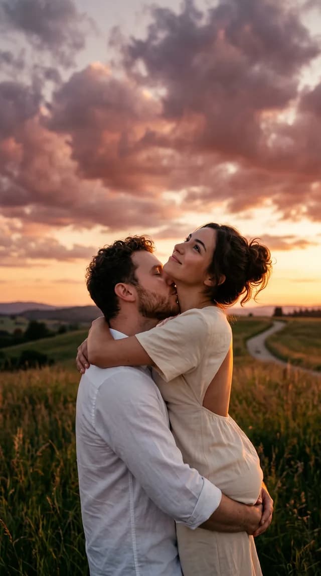 A couple embracing at sunset