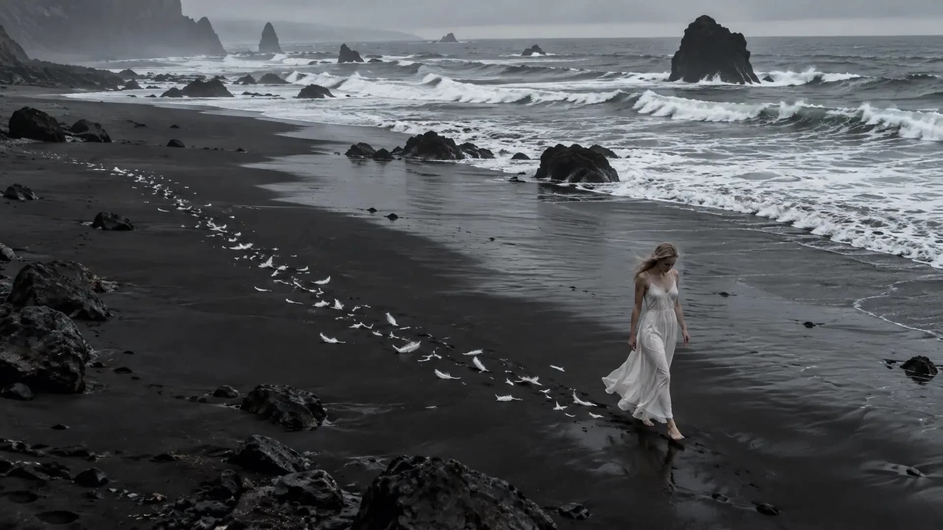 Woman in a light dress on a black volcanic beach